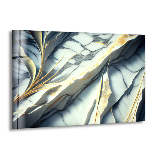 Serene marble bloom abstract glass wall art prints evoke a sense of luxurious tranquility with ethereal gold accents.