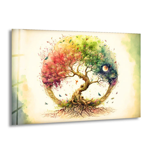 Color contrast highlights the rainbow tree of life with vibrant warm hues on one side against the cool, dark tones of the moonlit side in this captivating glass home decoration.