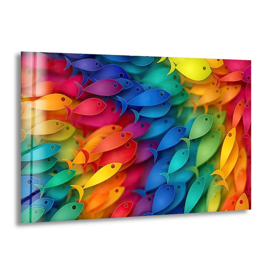 Geometric stylized fish in vibrant rainbow hues create an abstract wall art print.