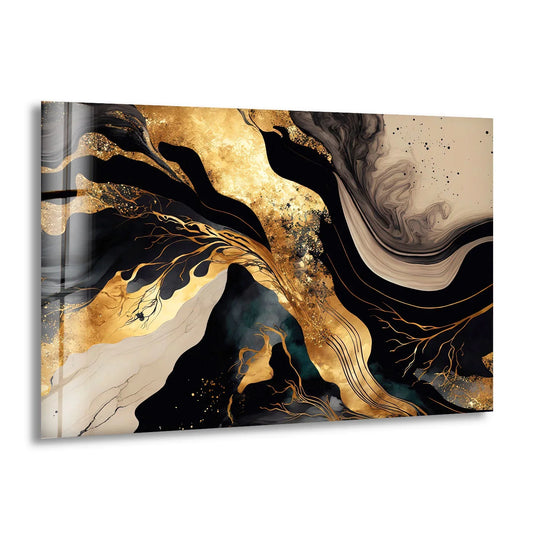 Abstract wall prints in black and gold reveal rich depth and fluid layers of a modern luxury design.