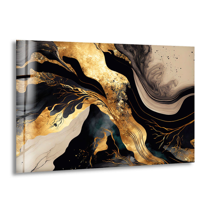 Black & Gold Abstract Glass Wall Art – Luxury Modern Fluid Design