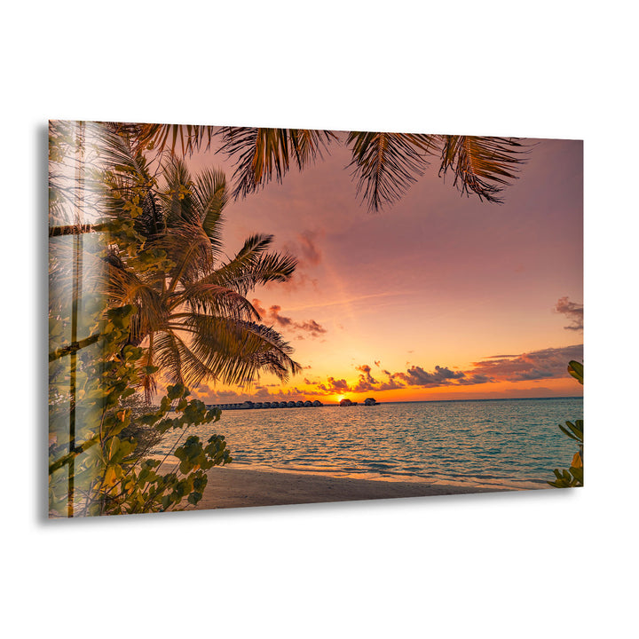 Tropical Sunset Beach Wall Art – Palm Tree Ocean View Glass Print