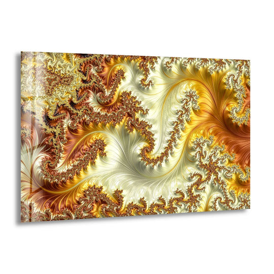 Golden fractal art from glass featuring intricate layered swirls of warm metallic tones creating depth and texture.