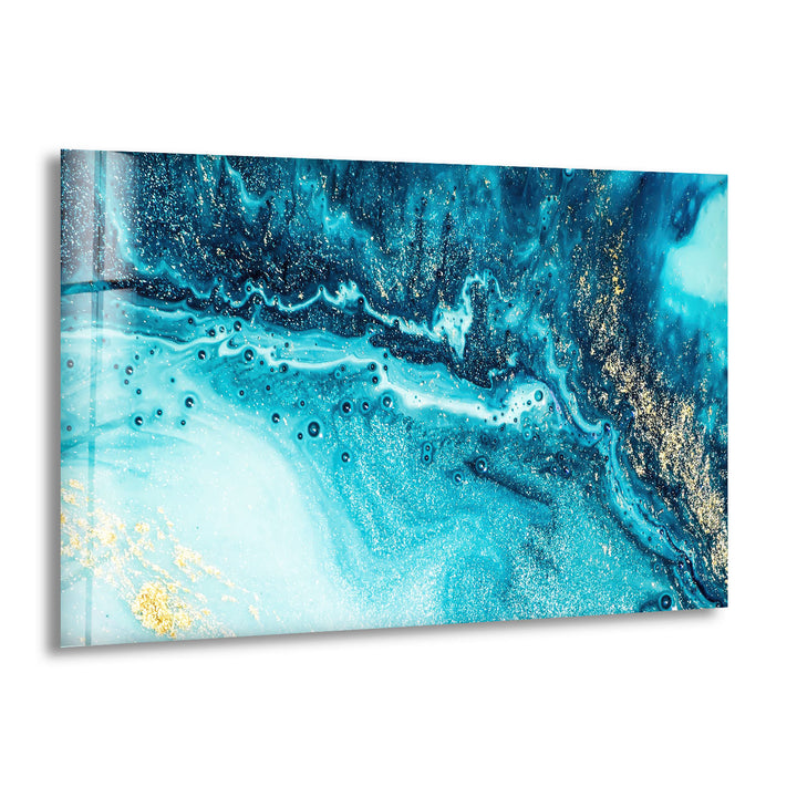 Blue and Gold Abstract Wall Art – Ocean-Inspired Glass Print Design