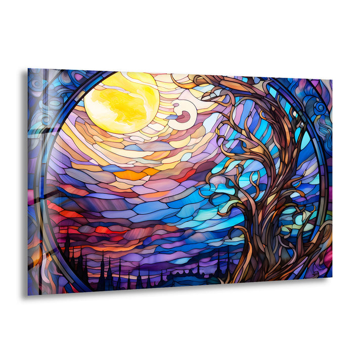Mystic Moon Buntglas-Wandkunst – Verzauberter Baum &amp; Nachthimmel-Dekor