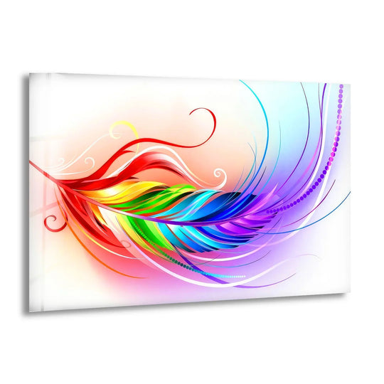 Flower glossy glass wall art rainbow feather and colorful abstract design for modern interiors and artistic vibes