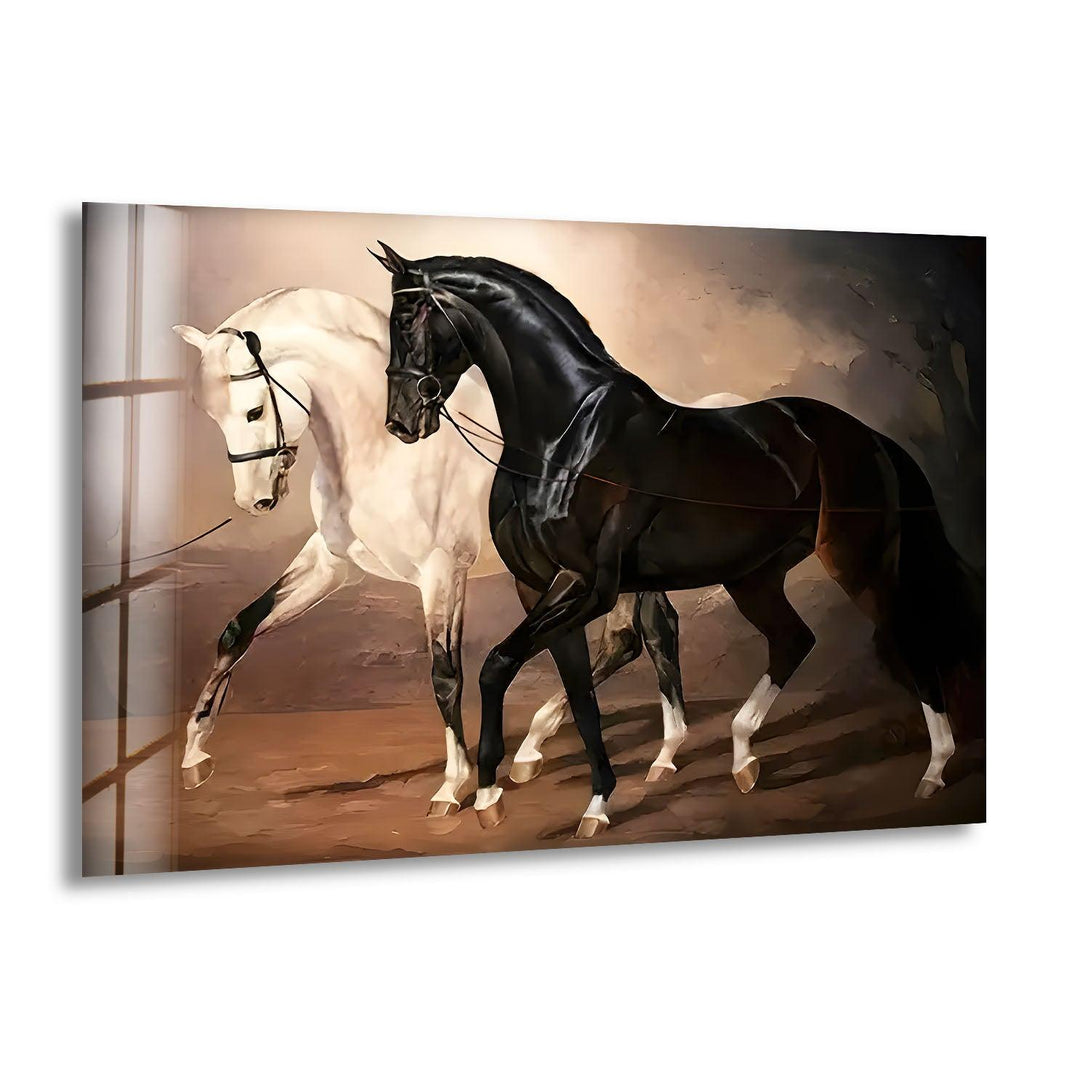 Horses Black & White Glass Wall Art print picture on glass, Tempered Glass Wall Art
