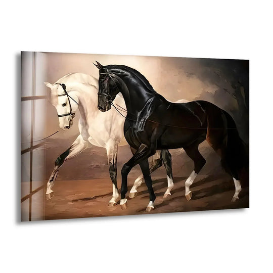 Animal glass wall art featuring black and white horses and wildlife art plus equestrian elegance with 8K UV printing