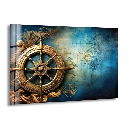 A rustic glass printing of a golden ship's wheel and thick rope rests on an aged nautical map.