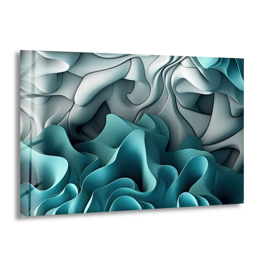 Layered teal and grey abstract glass printing with undulating depths creating a dreamscape effect.