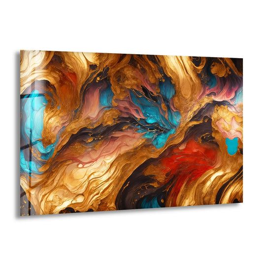Luminous abstract glass art with a glossy finish, featuring fiery gold and teal fluid ink textures.