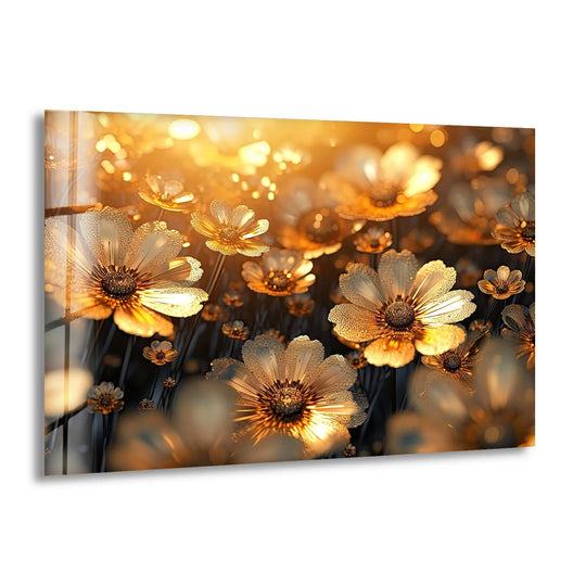 Illuminated by a burst of sunlight, the focal point showcases a golden daisy bloom radiating from this tempered glass wall art with radiant floral elegance.