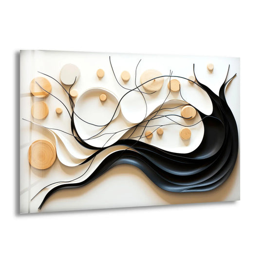 Neutral abstract glass art with warm wooden discs and cool white and black wavy lines.