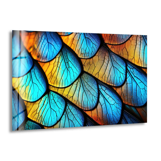 Close-up of blue and gold iridescent scales creating a unique modern wall decor with negative space.