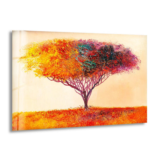 Depicting an abstract nature scene, the darkest area of this colorful tree wall art emphasizes the unique glass printing, bringing a vibrant touch to any space.