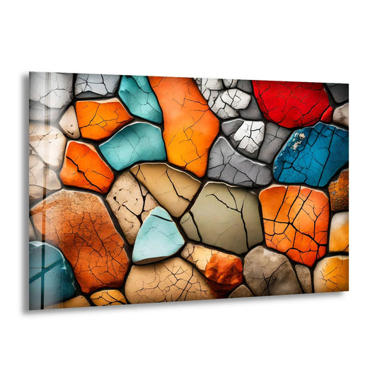 Glossy, cracked mosaic stone glass print showcases vibrant, rich colors and a unique material quality as decorative wall art.