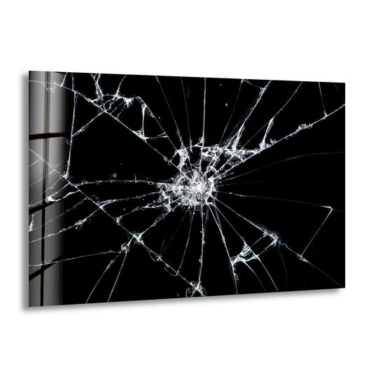 A stark, shattered abstract art from glass print reveals a sharp, fractured surface texture with radiating cracks.