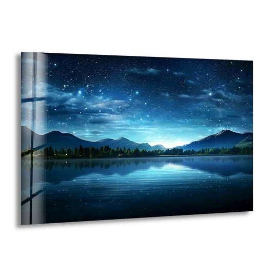 Awe-inspiring starry sky and distant mountain range create the idyllic background for this midnight reflection glass wall artwork.