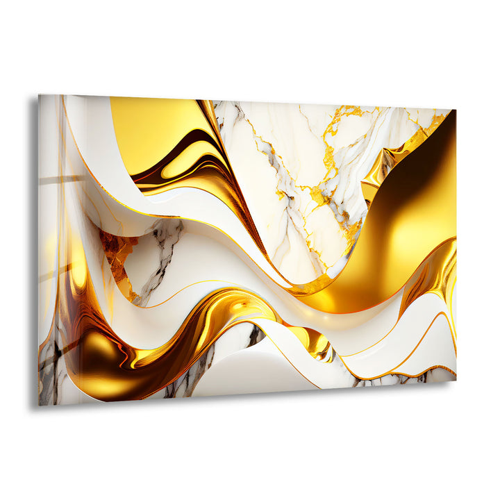 Gold Wave Marble Wall Art – Abstract Glass Print for Luxe Interiors
