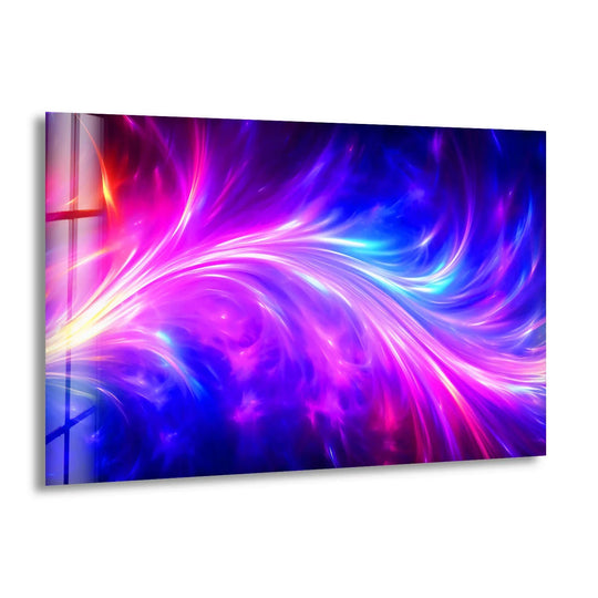 Horizontal glass wall art prints with a vibrant abstract shape of cosmic energy.