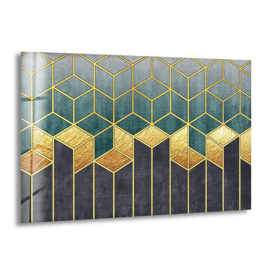 An abstract glass art painting showing a rich transition from navy and teal to shimmering gold geometric patterns.