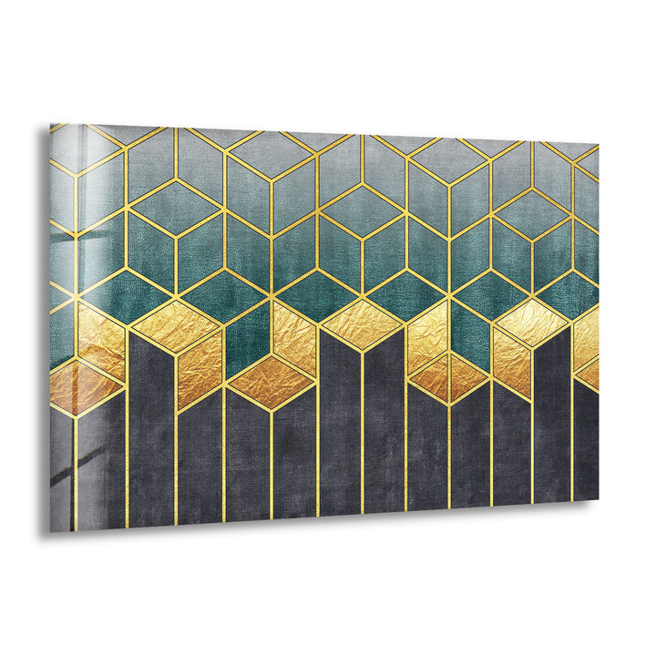 Gold Teal Geometric Wall Art – Luxury Patterned Glass Print for Modern Decor