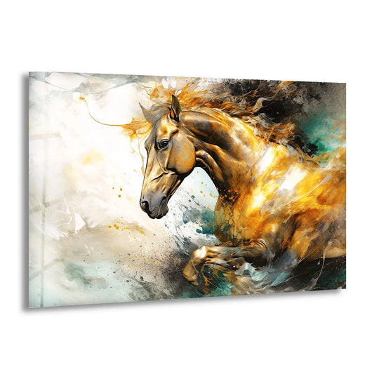 A majestic horse abstract glass print wall print captures a moment of intense stillness in its golden gallop.