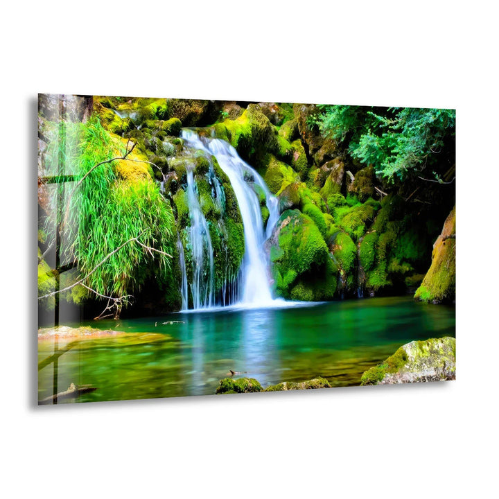 Forest Waterfall Wall Art – Serene Glass Landscape Print with Lush Green Moss and Crystal Clear Stream for Nature-Inspired Interiors - MyPhotoStation