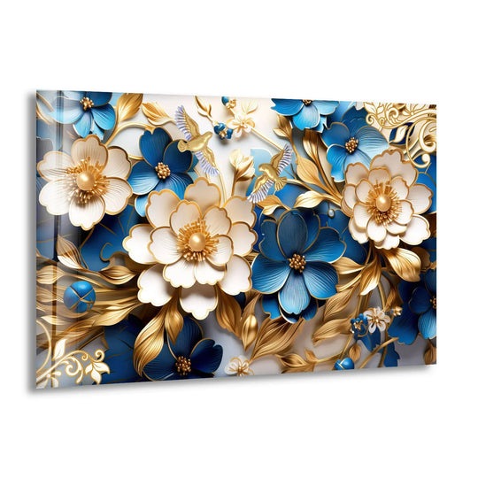 The realistic detail showcases the elegant blue and gold floral glass wall artwork, presenting a modern 3D flower panel with intricate embellishments.
