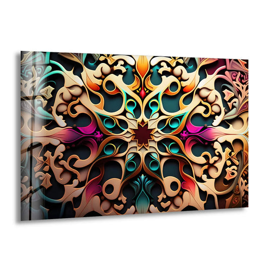 Abstract glass wall art features geometric elements in a unique modern wall decor style with ornate mandala details.