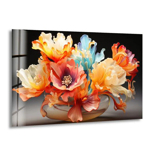 Bold color contrast defines this decorative wall art showcasing vibrant floral blooms in a glass vase, with petals ranging from soft white to fiery orange and deep indigo.