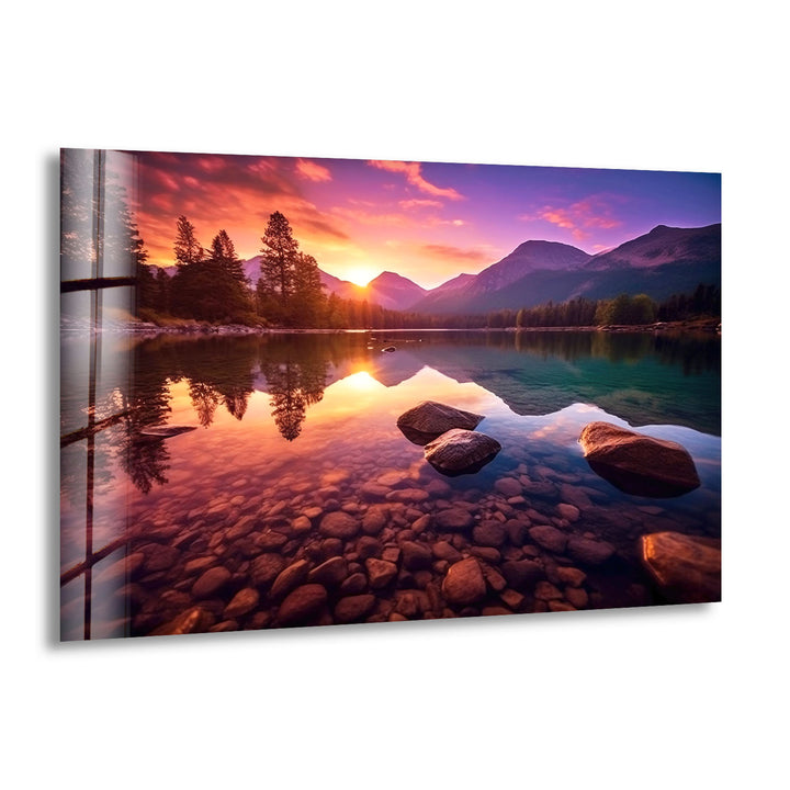 Bergsee Sonnenuntergang Wandkunst – Ruhige Natur Glas Landschaft Dekor