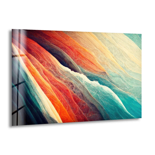 Ocean Currents abstract glass print features a unique modern wall decor finish with flowing, textured color waves.