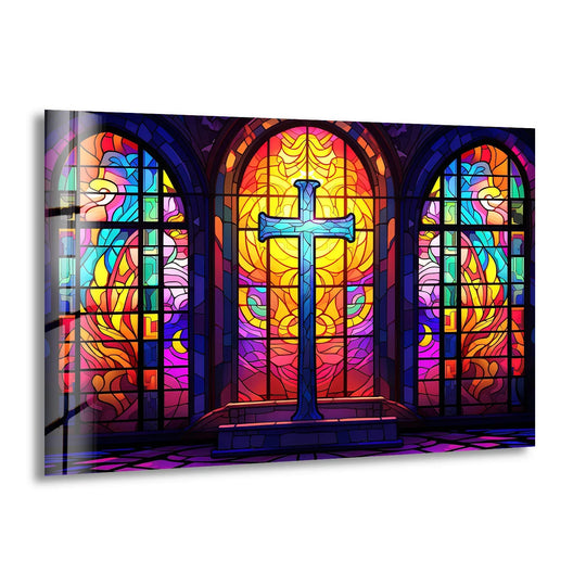 Shadows outline the stained glass cross within this church scene, offering a beautiful example of glass wall artwork with colorful, faith-centered print design.