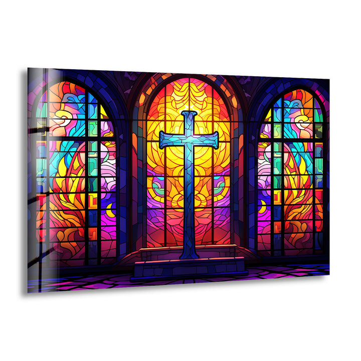 Stained Glass Church Cross Wall Art – Colorful Christian Glass Print Design