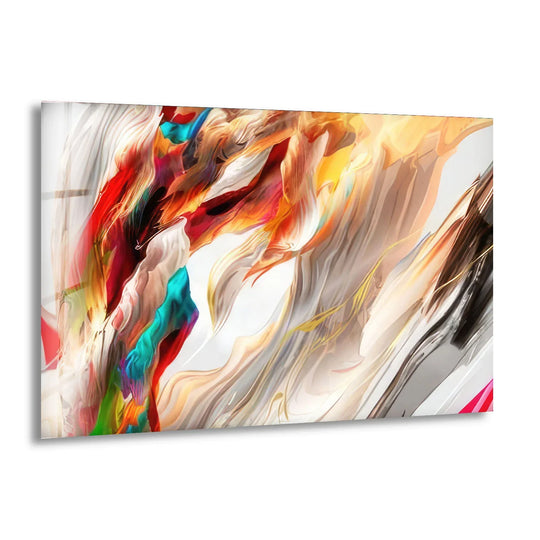 Warm, cool, and fiery colors blend in a dynamic abstract glass wall art decor with a glowing, radiant flow.