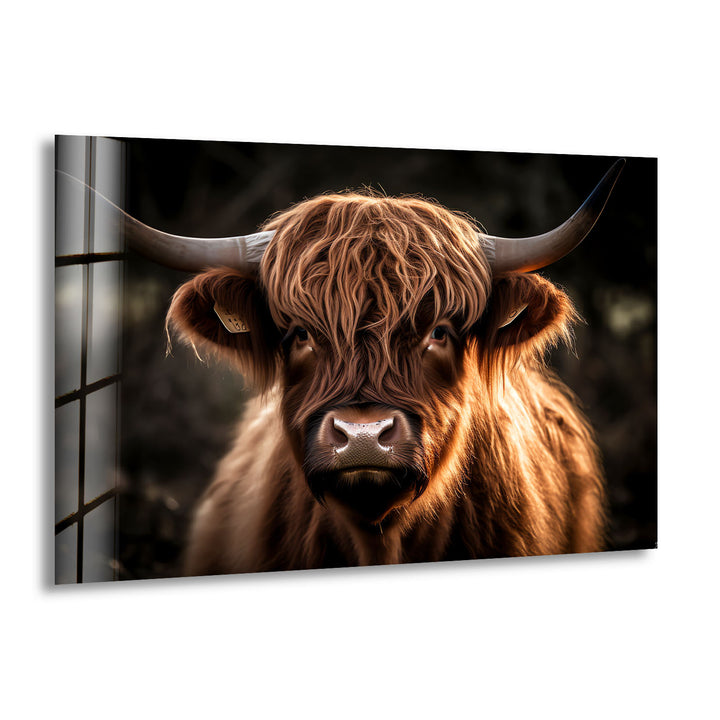 Highland Cow Wall Art – Rustic Brown Longhorn Glass Print Décor