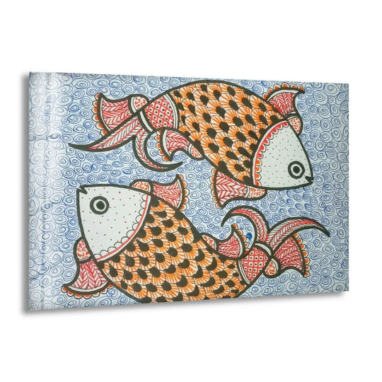 Traditional folk art fish decorative wall art in a vibrant Indian style on glass.