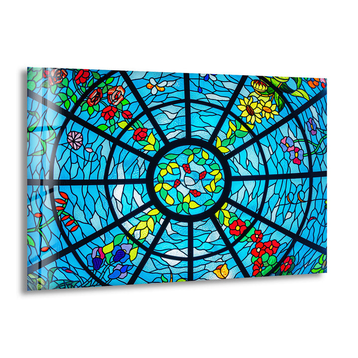 Blue Stained Glass Wall Art – Vibrant Floral & Ocean Window Design for Home & Office