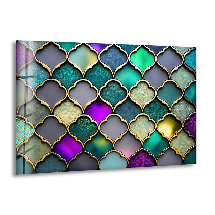 Moroccan Geometric Stained Glass Wall Art – Luxurious Gold & Teal Decor