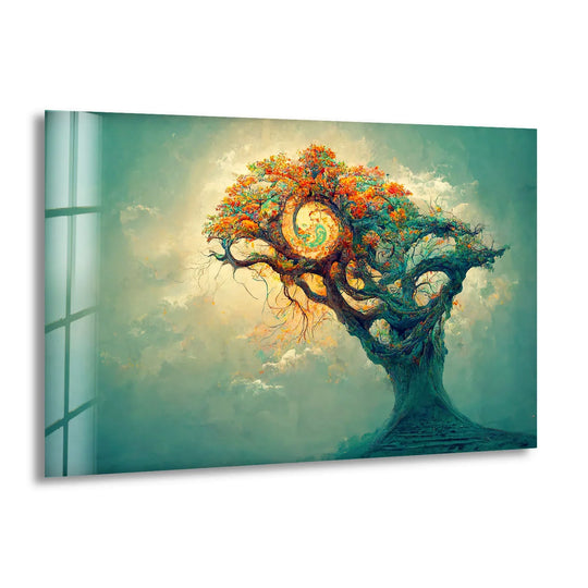 The stillness of the mystical spiral tree of life design is captured in this spiral tree wall art, a stunning art from glass print design.