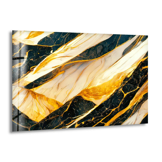 A striking abstract black and gold marble print wall art, featuring dynamic streaks and flowing textures.