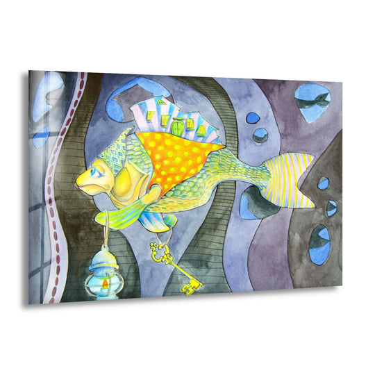 A surreal fantasy fish with a house on its back is the loudest element in this whimsical glass art.