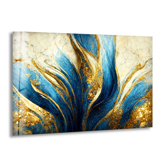 Abstract blue and gold swirls shimmer and flow in this dynamic glass wall artwork.