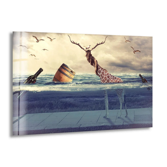 Surreal Giraffe Ocean Wall Art – Fantasy Animal Scene on Glass Print - MyPhotoStation