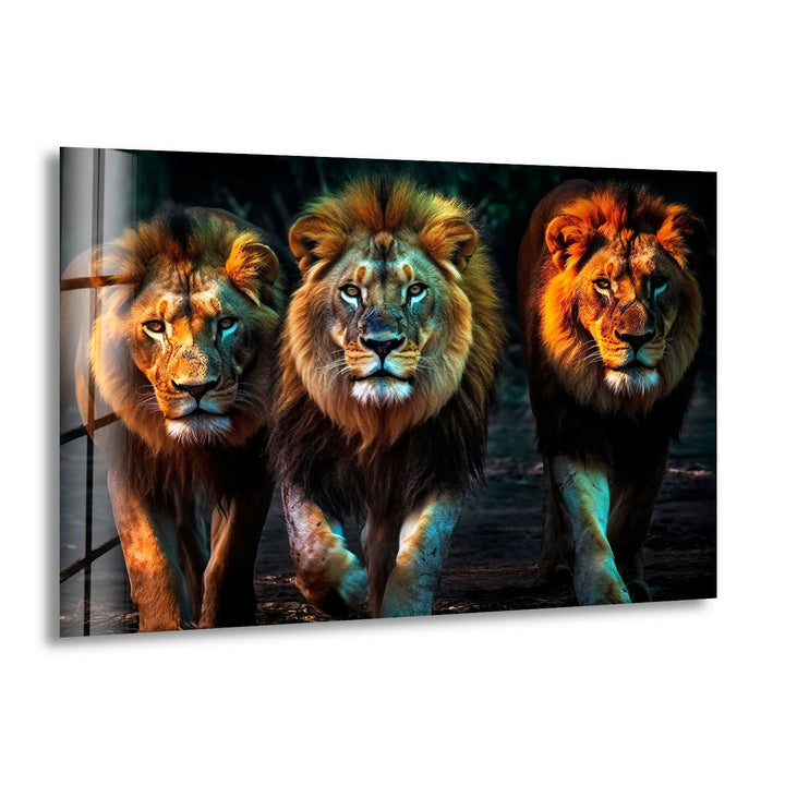Dreifache Löwenmajestät Wandkunst – Kraftvoller Wildlife-Glasdruck 