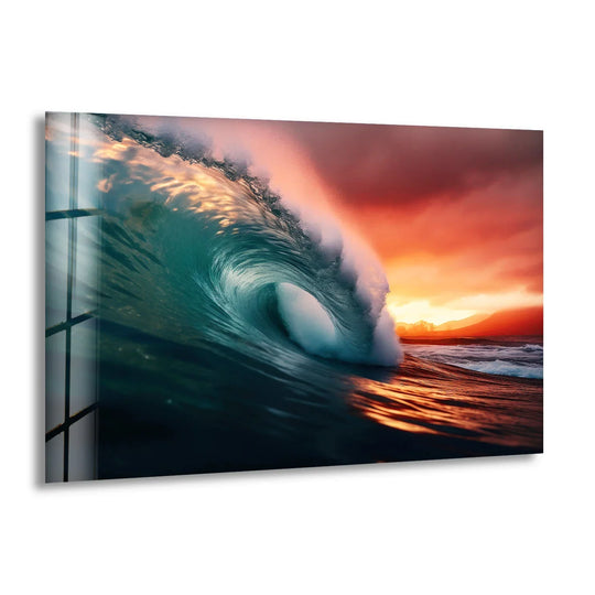 Reflecting light, the surface texture of this sunset ocean barrel wave glass print emphasizes the dynamic feel of the glass art, highlighting the coastal home decor.