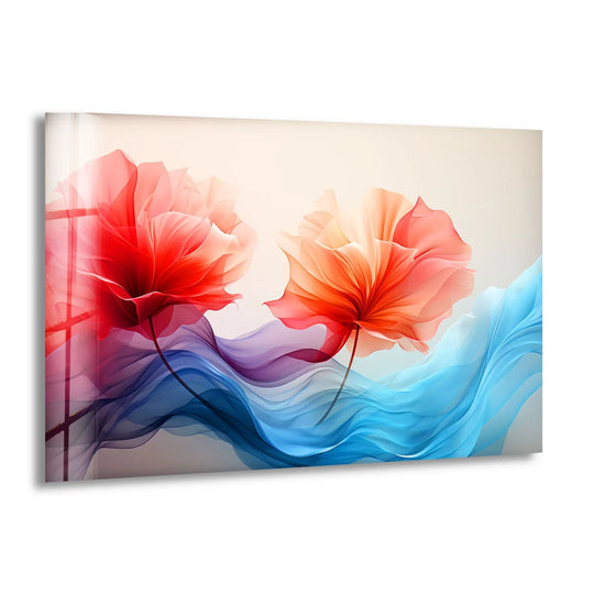 A horizontal glass wall art piece featuring two abstract flowers with flowing blue and purple fabric shapes.