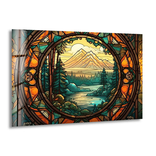 Stained Glass Mountain Landscape – Scenic Forest & River Window Panel - MyPhotoStation