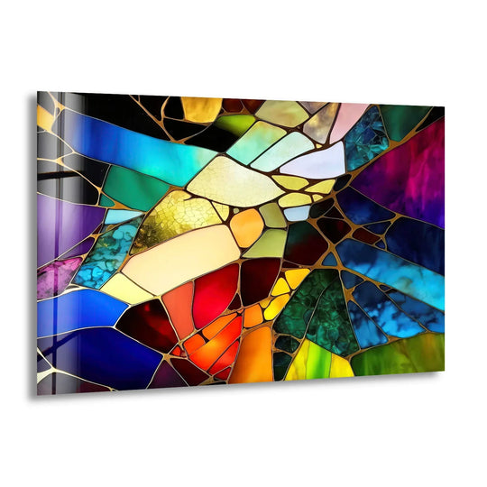Abstract stained glass wall art decor featuring bold colors against dark negative space, creating a radiant geometric mosaic.